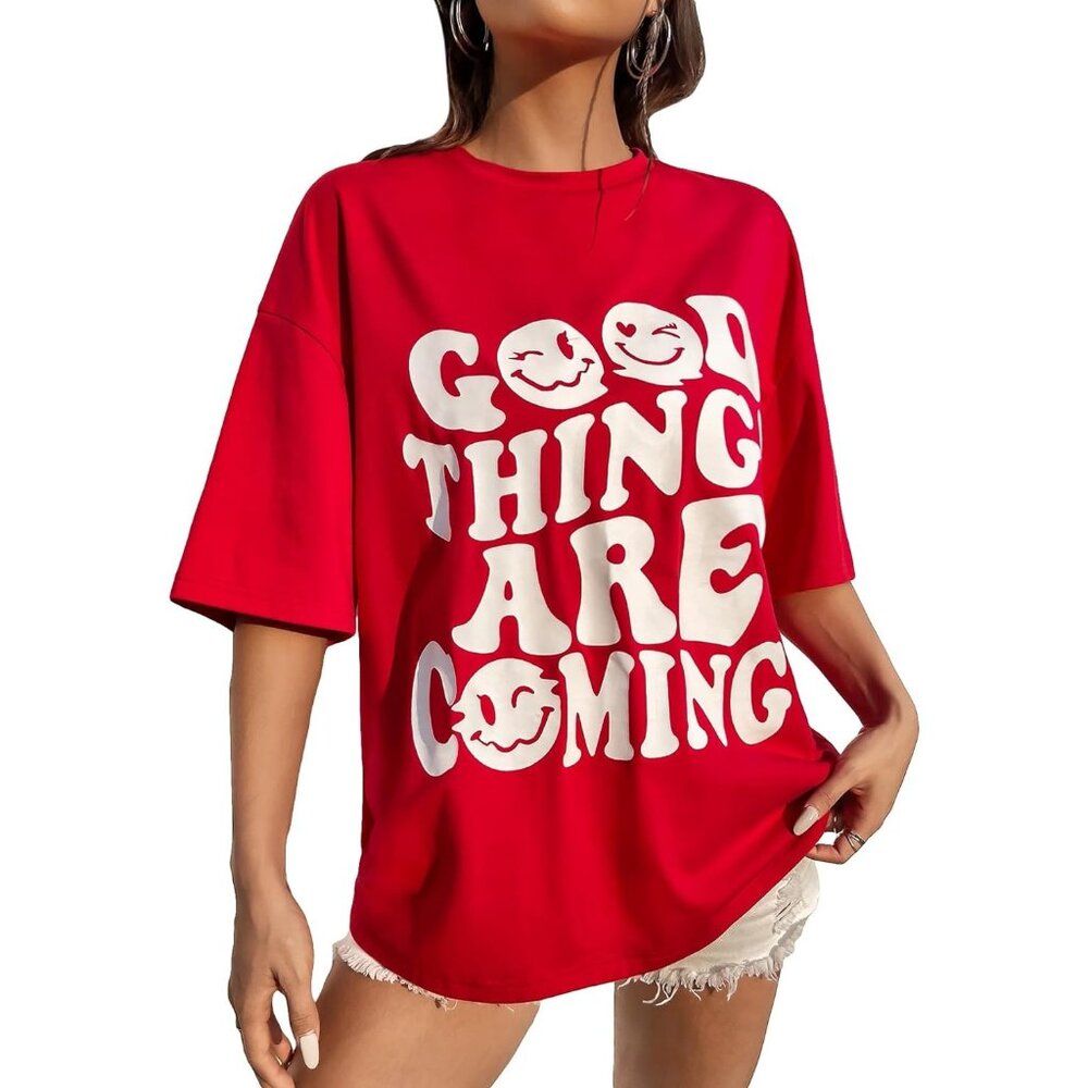 Women's Red Letter Oversized T Shirts Graphic Tees Casual Vintage Summer Tops